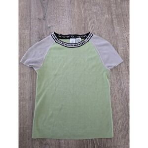 Vintage Armani Exchange Green Grey Knit Logo Neck Raglan Short Sleeve Top M